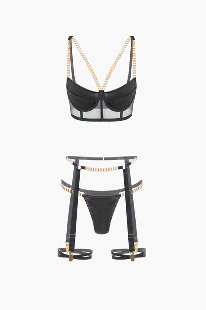 Zincirli Bustier Kontrast File İç Giyim Jartiyer Seti