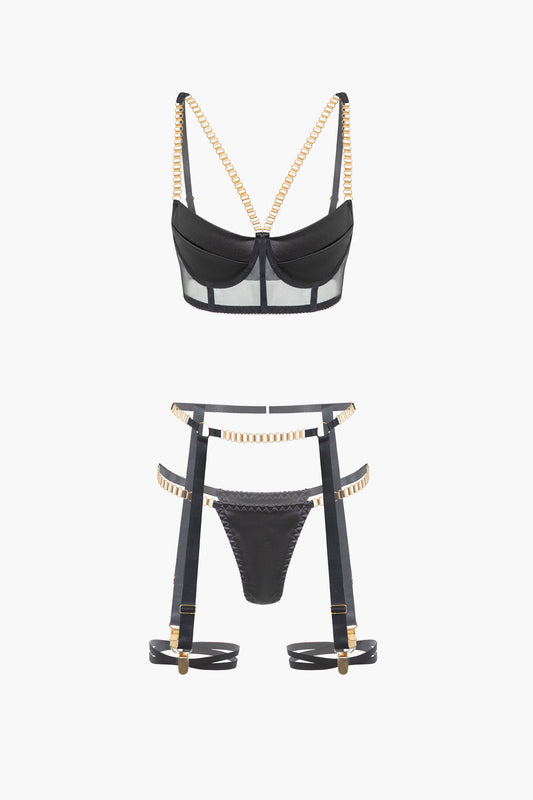 Zincirli Bustier Kontrast File İç Giyim Jartiyer Seti