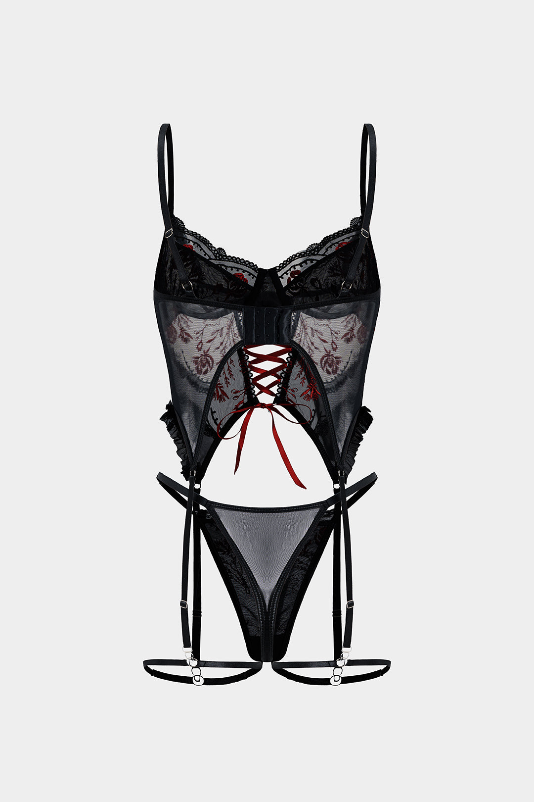 Tül Nakışlı Bağlamalı Büstiyer ve Jartiyer Takımı