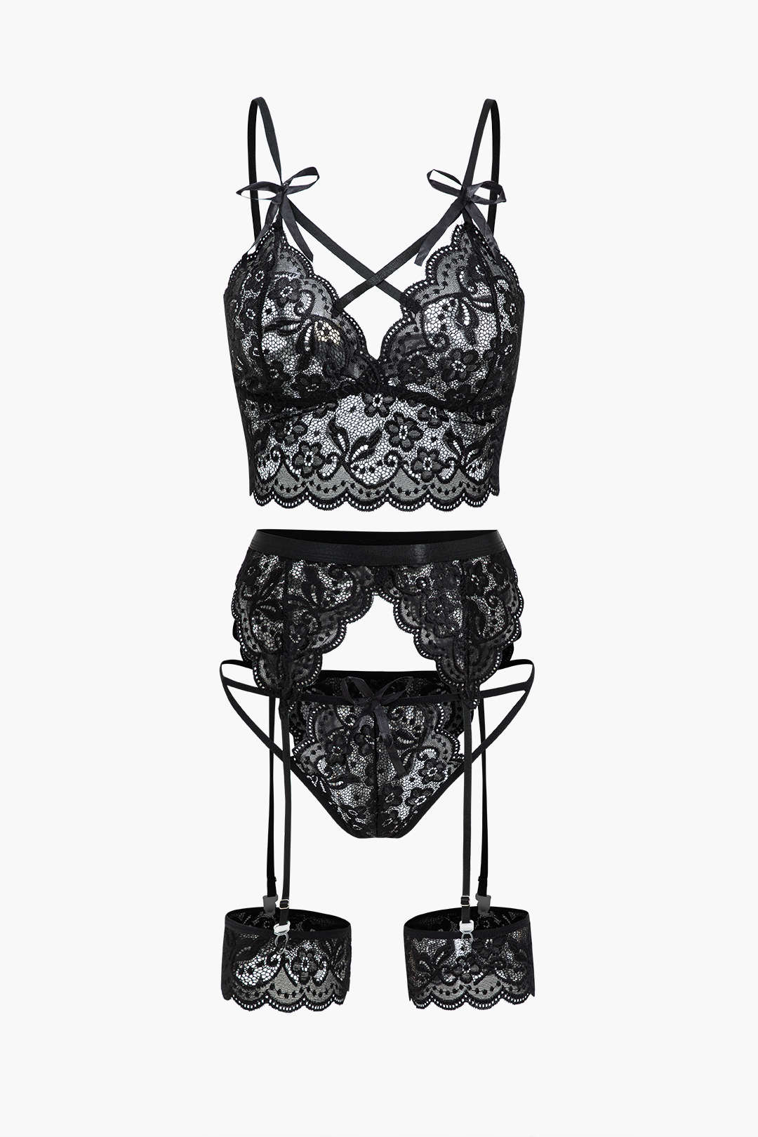 Lace Backless Kesik ve Bağlama Detaylı İç Giyim Jartiyer  Seti