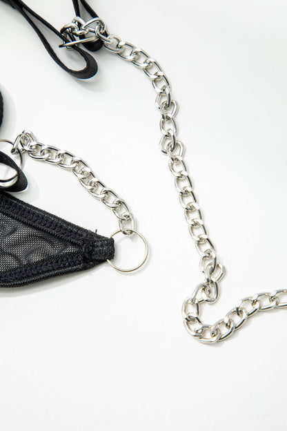 File Şeffaf Zincir Detaylı İki Parçalı İç Giyim Seti ve Choker