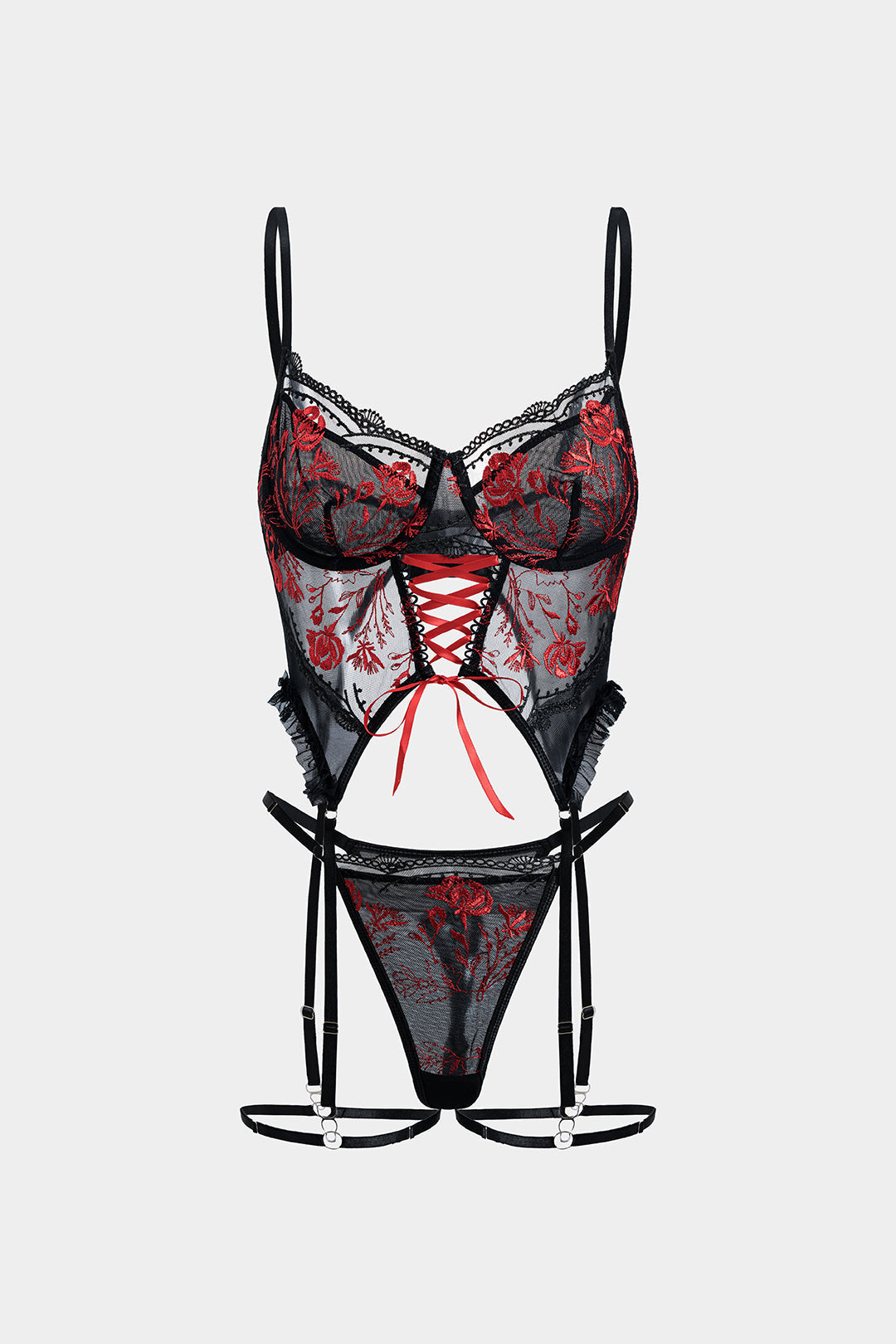 Tül Nakışlı Bağlamalı Büstiyer ve Jartiyer Takımı