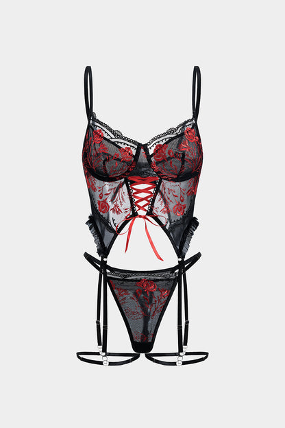 Tül Nakışlı Bağlamalı Büstiyer ve Jartiyer Takımı