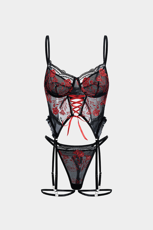 Tül Nakışlı Bağlamalı Büstiyer ve Jartiyer Takımı