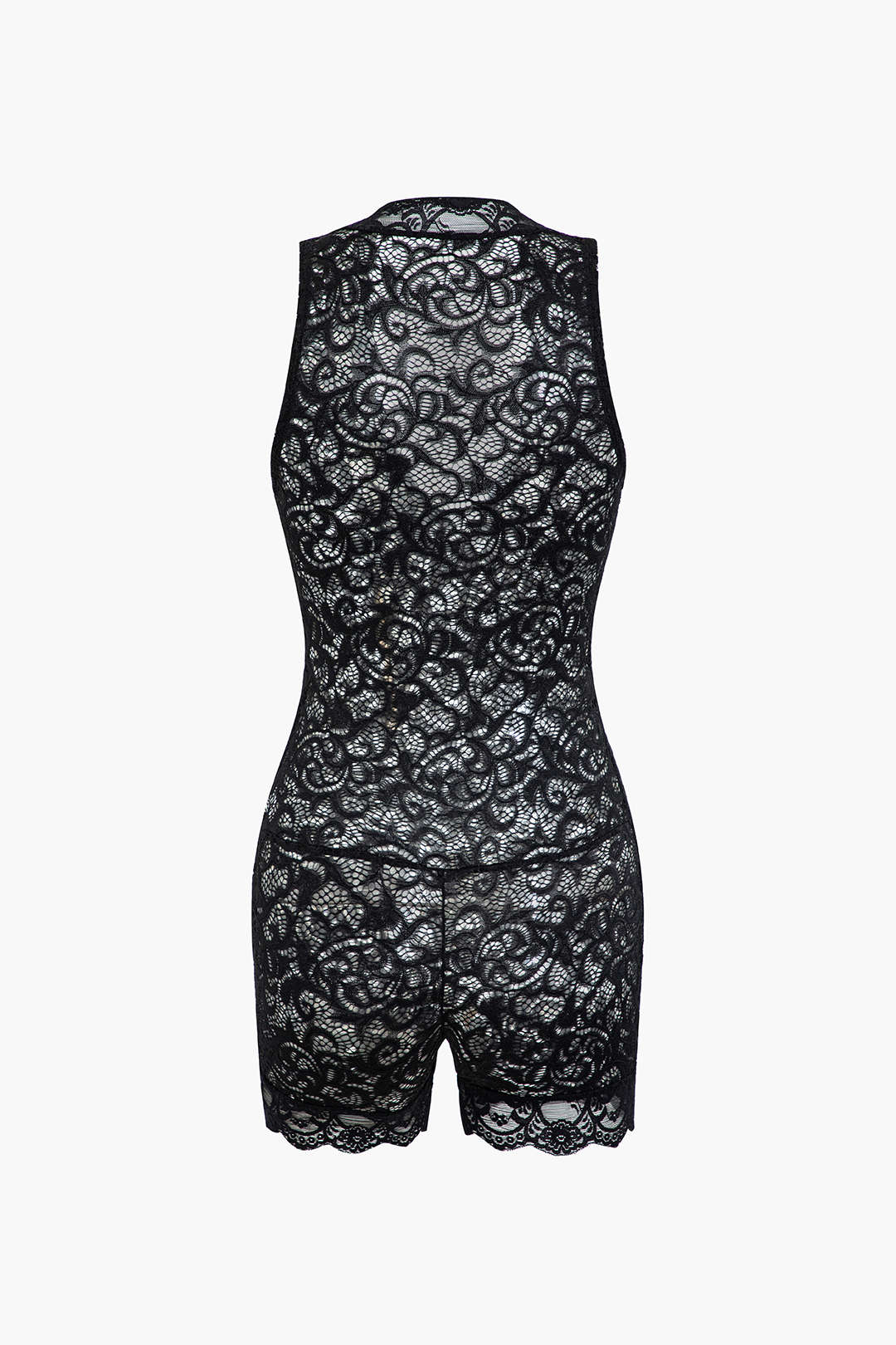 Dantel Şeffaf V Yaka Kolsuz Tulum