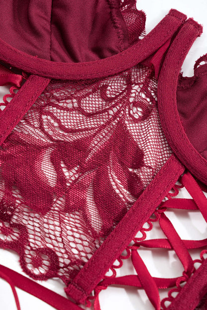 Dantel Çapraz Bağlama Detaylı Sırt Dekolteli İç Giyim Jartiyer  Seti