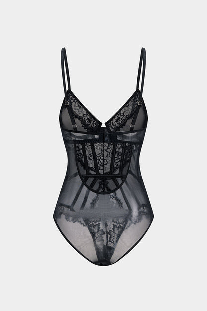 Tül ve Dantelli Büstiyer Korse Bodysuit
