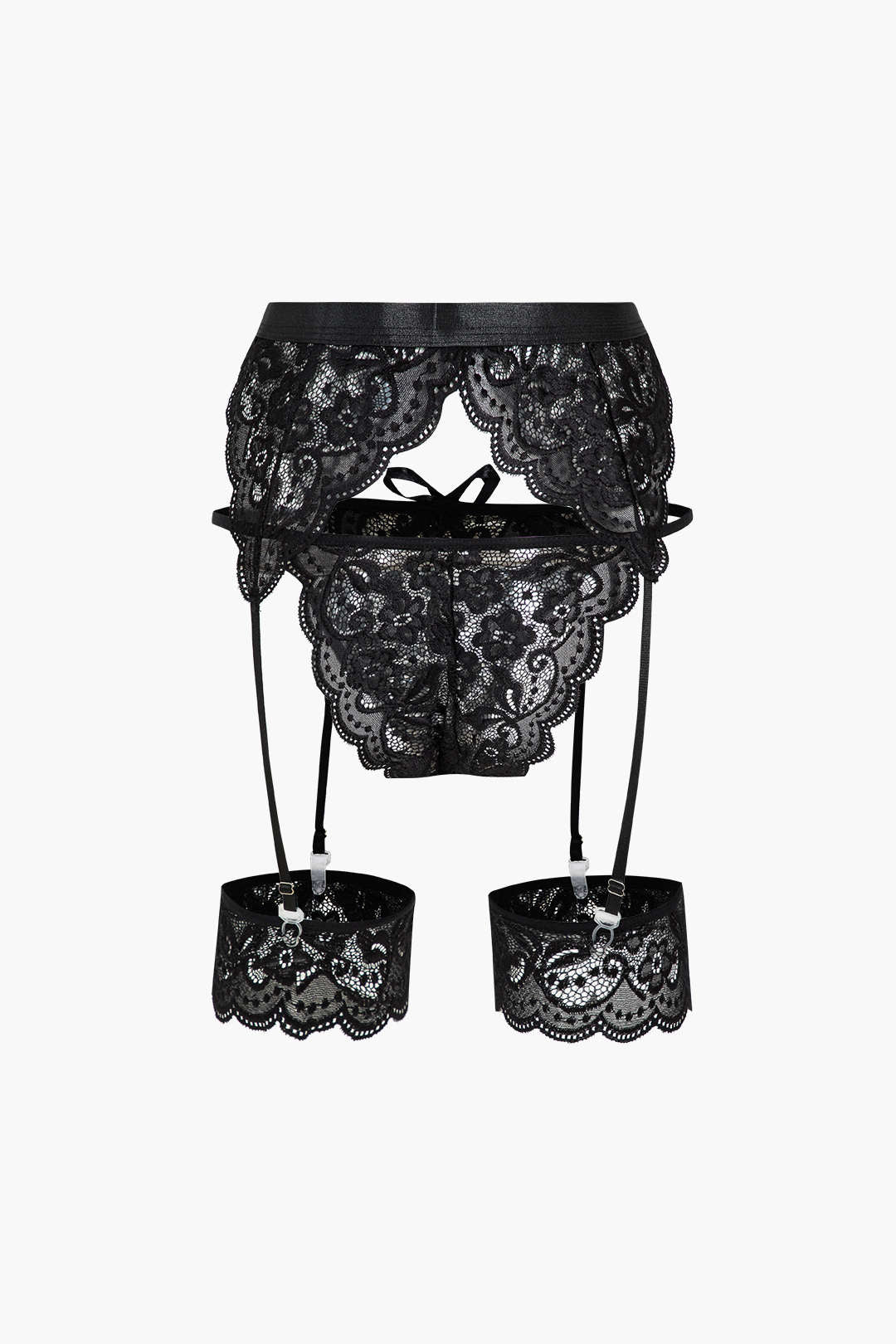 Lace Backless Kesik ve Bağlama Detaylı İç Giyim Jartiyer  Seti