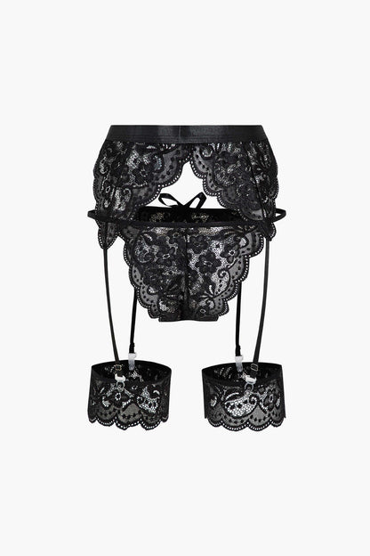 Lace Backless Kesik ve Bağlama Detaylı İç Giyim Jartiyer  Seti