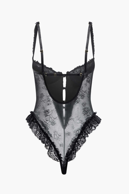 Dantel Volan  Kesik Sırt Dekolteli Lingerie Bodysuit