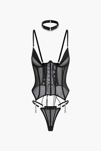 Tül Zincir Detaylı Büstiyer Bağlamalı Jartiyer Takımı