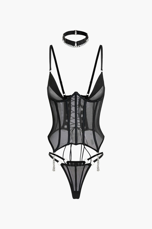 Tül Zincir Detaylı Büstiyer Bağlamalı Jartiyer Takımı