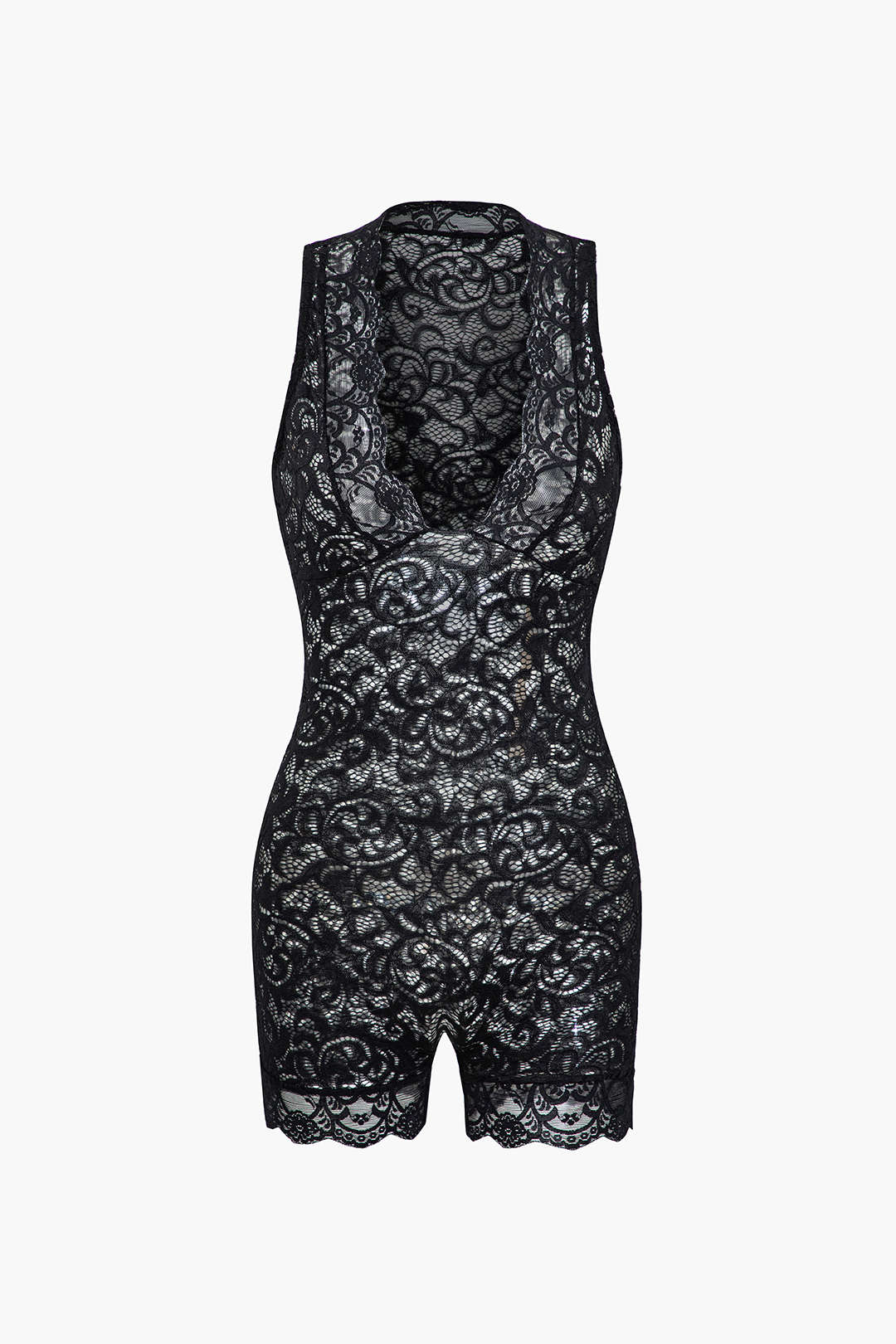 Dantel Şeffaf V Yaka Kolsuz Tulum