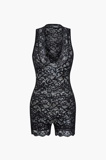 Dantel Şeffaf V Yaka Kolsuz Tulum