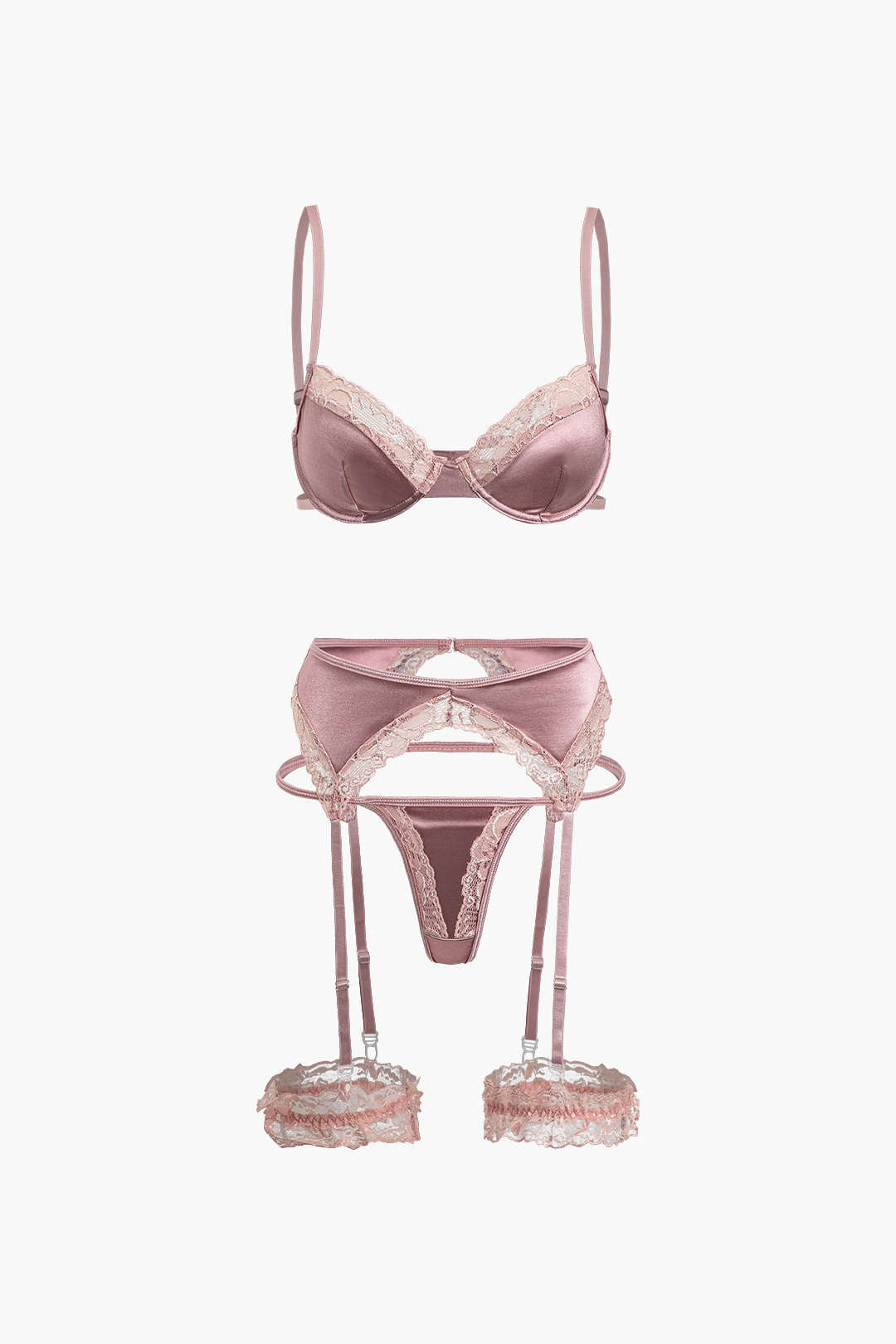 Dantel Saten Pembe İç Giyim Jartiyer  Seti