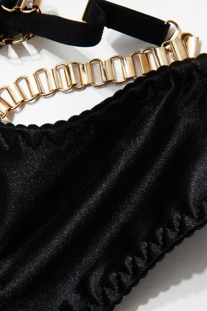 Zincirli Bustier Kontrast File İç Giyim Jartiyer Seti