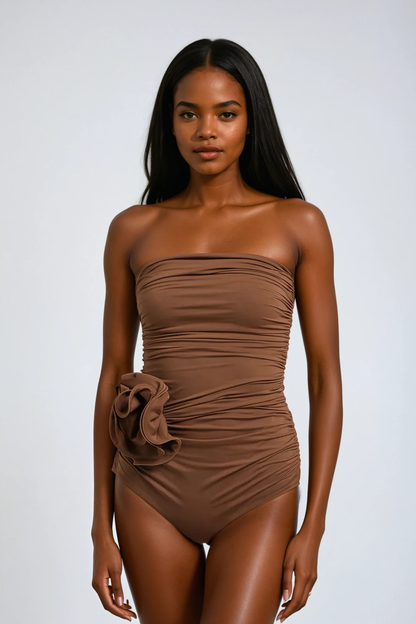Berach Ruched Flower One Piece Swimsuit In Mocha Mousse