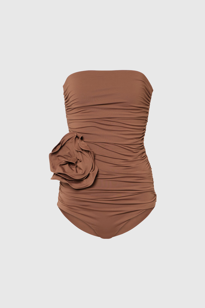 Berach Ruched Flower One Piece Swimsuit In Mocha Mousse