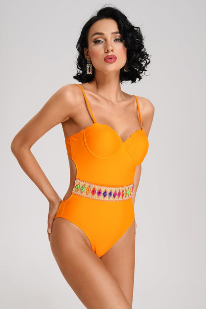 Taş Detay Turuncu Tek Parça Mayo