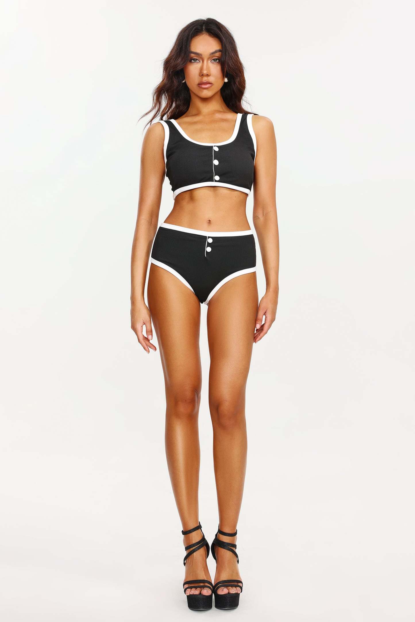 Düğmeli Spandex Siyah Beyaz Mayo Takımı