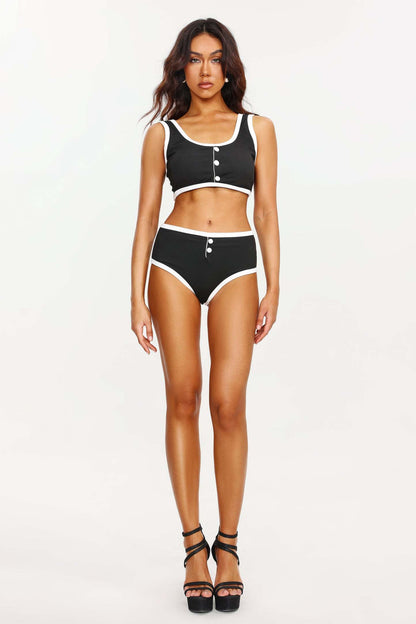 Düğmeli Spandex Siyah Beyaz Mayo Takımı