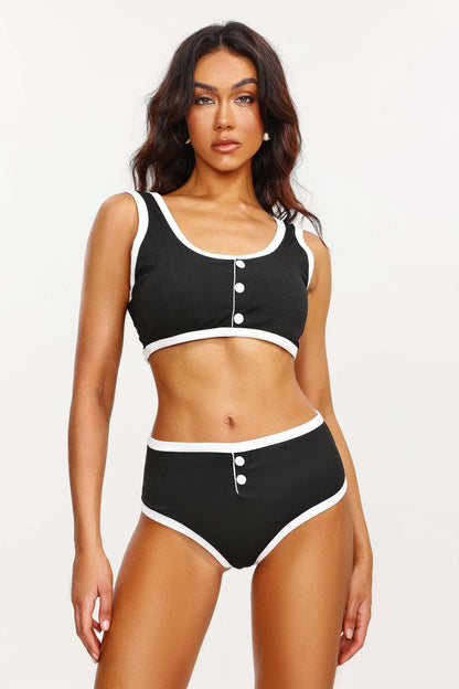 Düğmeli Spandex Siyah Beyaz Mayo Takımı
