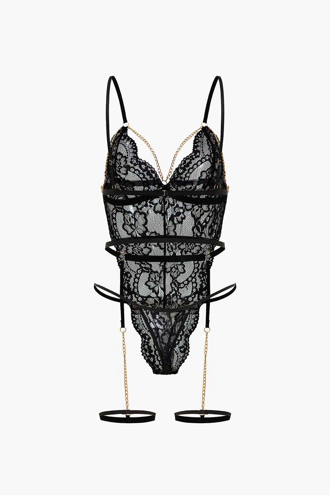 Dantel Metalik Zincir Kesik Detaylı Şeffaf İç Giyim Jartiyer Seti