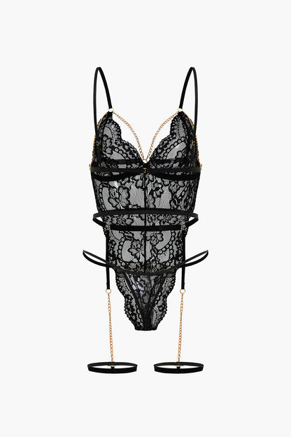 Dantel Metalik Zincir Kesik Detaylı Şeffaf İç Giyim Jartiyer Seti