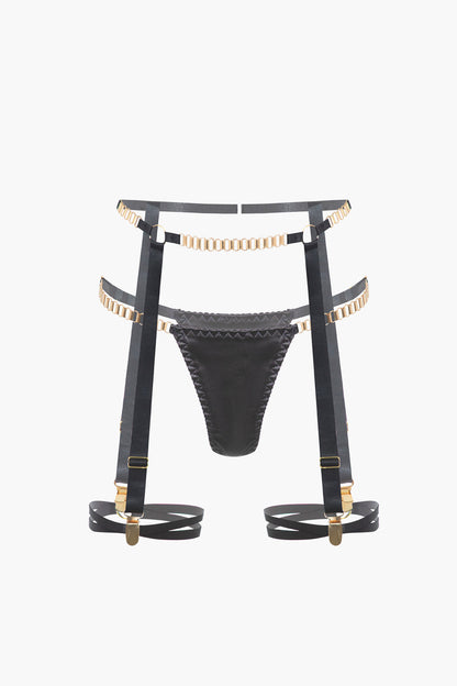 Zincirli Bustier Kontrast File İç Giyim Jartiyer Seti