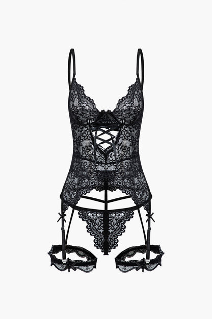 Düz Renk Kesik Dantel İç Giyim Jartiyer  Seti