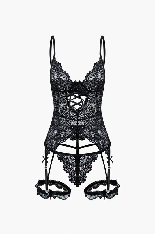 Düz Renk Kesik Dantel İç Giyim Jartiyer  Seti