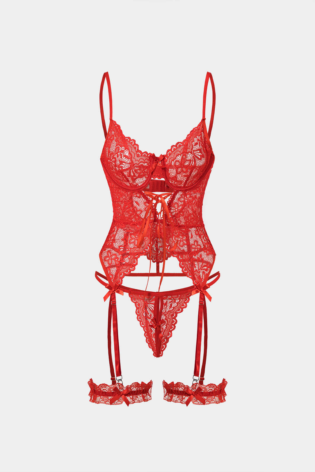 Kesik Detaylı Bağcıklı Sırt Dekolteli İç Giyim Jartiyer  Seti