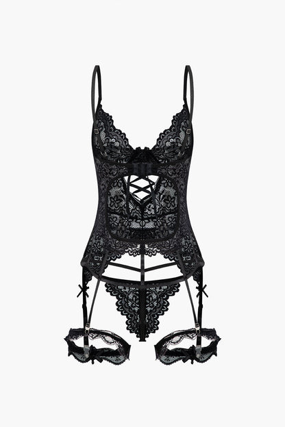 Düz Renk Kesik Dantel İç Giyim Jartiyer  Seti