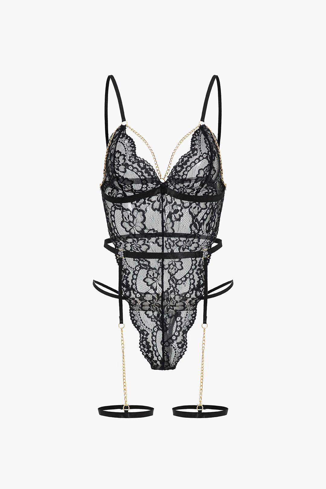 Dantel Metalik Zincir Kesik Detaylı Şeffaf İç Giyim Jartiyer Seti