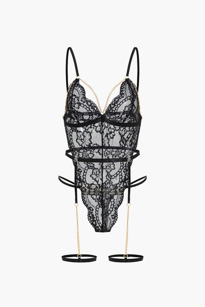 Dantel Metalik Zincir Kesik Detaylı Şeffaf İç Giyim Jartiyer Seti