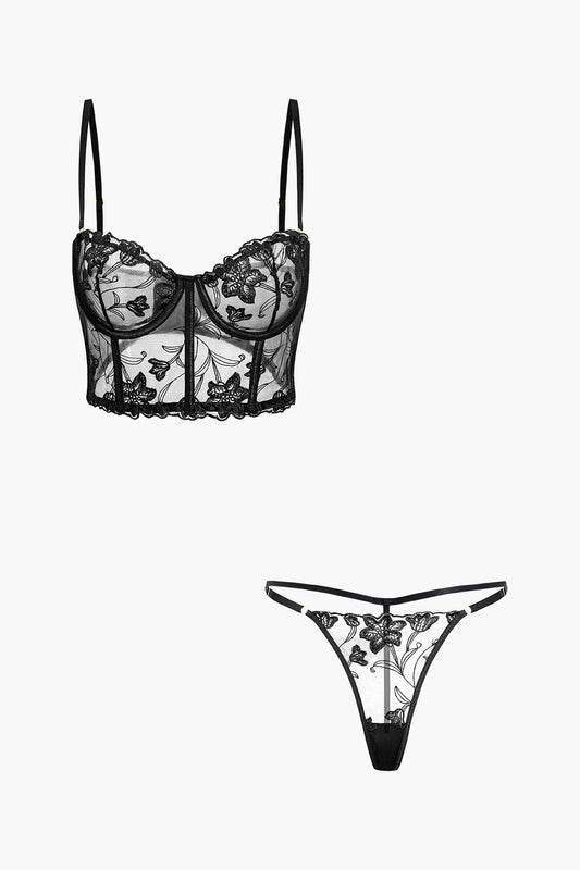 Çiçek Nakışlı Şeffaf Büstiyer ve Külot Takımı