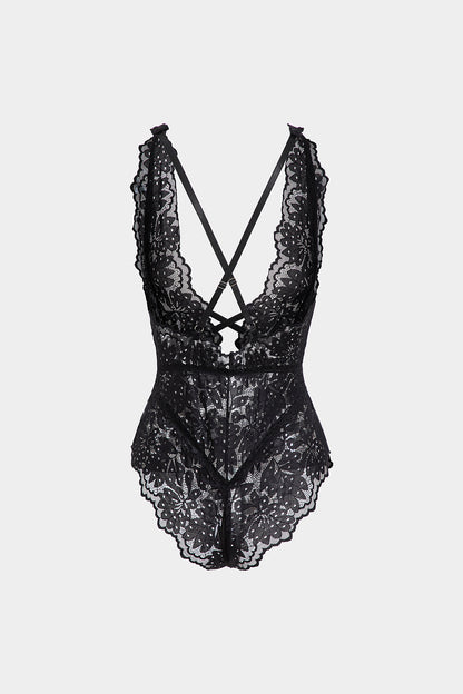 Dantel Kesik Detaylı Bağlama Önü ve Sırt Açık Bodysuit