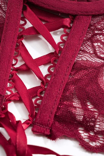 Dantel Çapraz Bağlama Detaylı Sırt Dekolteli İç Giyim Jartiyer  Seti