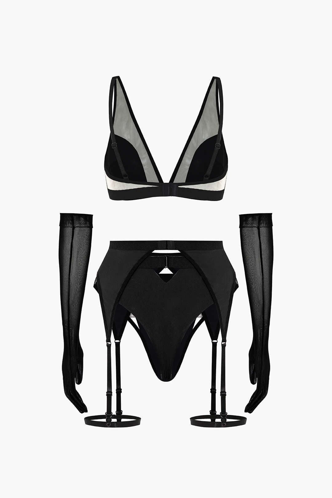 Şeffaf Siyah Lingerie Jartiyer  Seti ve Mesh Eldiven