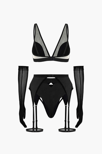 Şeffaf Siyah Lingerie Jartiyer  Seti ve Mesh Eldiven