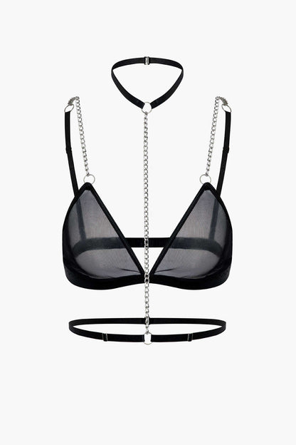 File Şeffaf Zincir Detaylı İki Parçalı İç Giyim Seti ve Choker