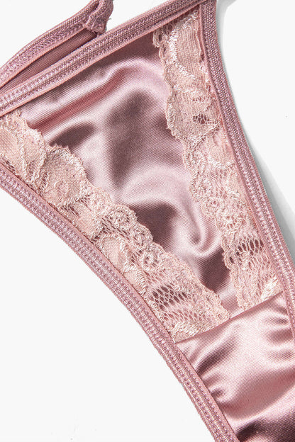 Dantel Saten Pembe İç Giyim Jartiyer  Seti