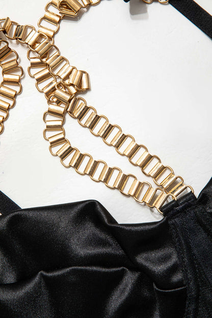 Zincirli Bustier Kontrast File İç Giyim Jartiyer Seti