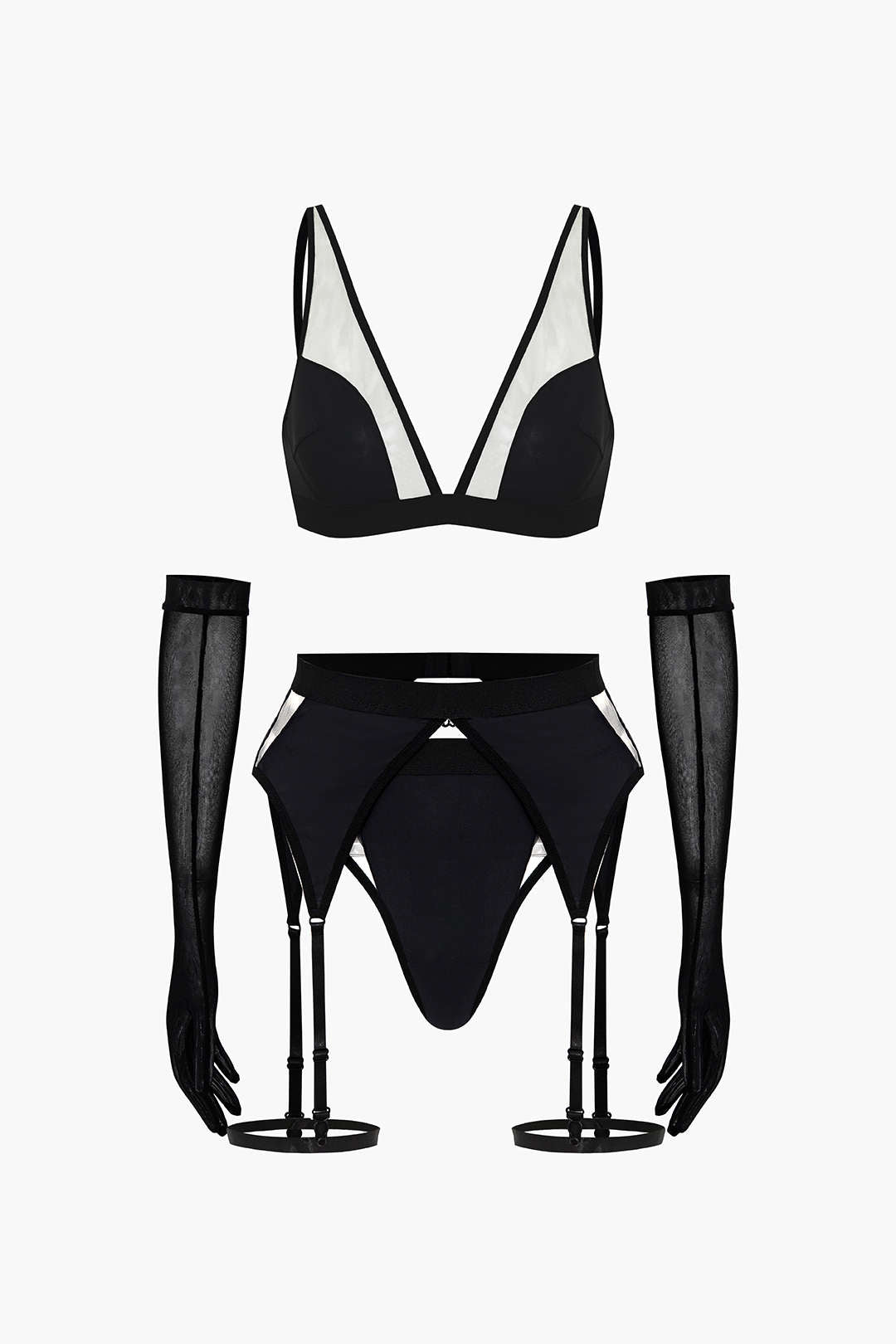 Şeffaf Siyah Lingerie Jartiyer  Seti ve Mesh Eldiven