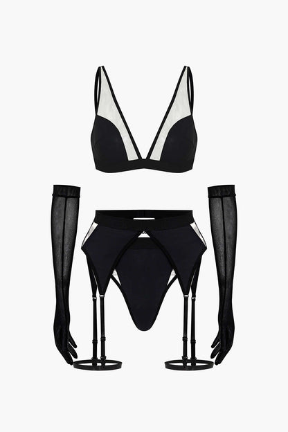 Şeffaf Siyah Lingerie Jartiyer  Seti ve Mesh Eldiven