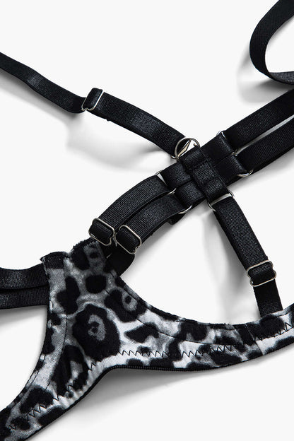 Leopar Desenli Sırt Dekolteli İç Giyim Jartiyer  Seti